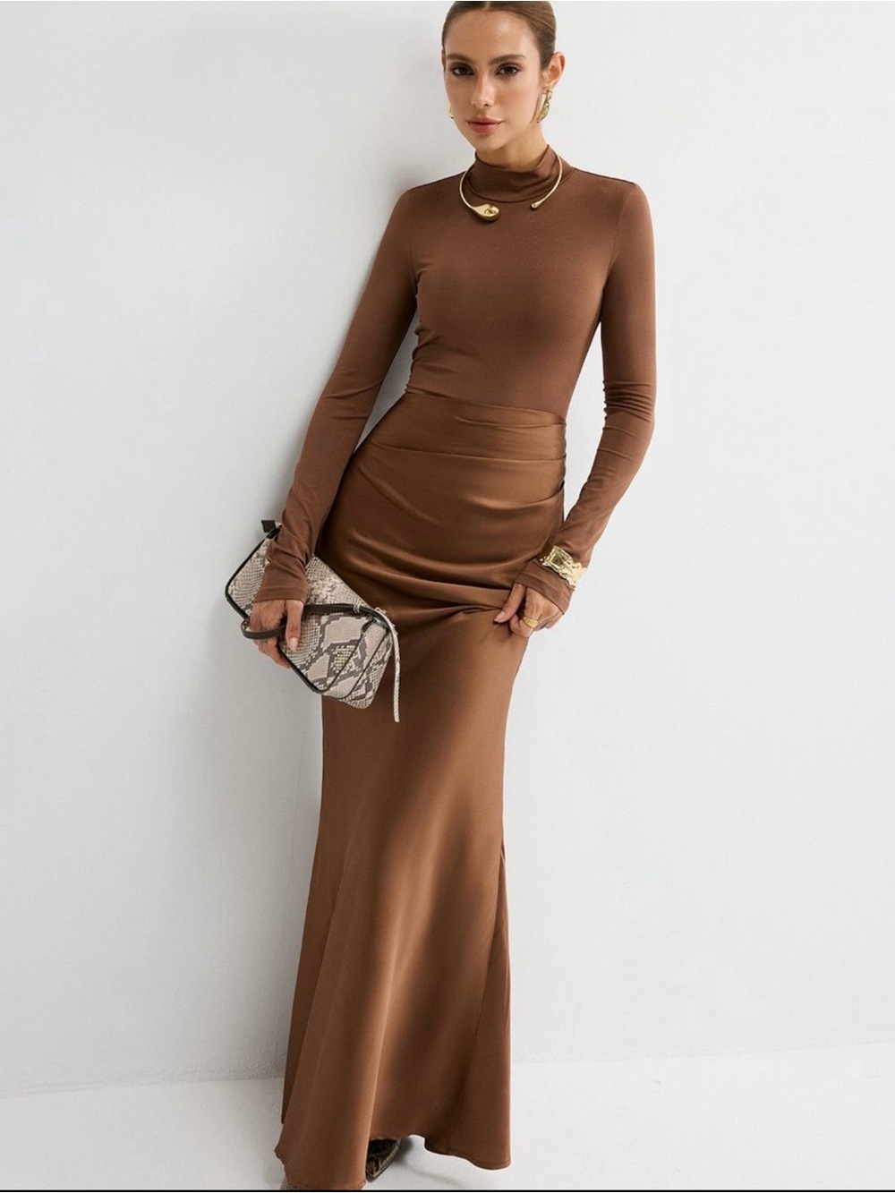 Commense Chocolate Brown Long-Sleeve Maxi Dress